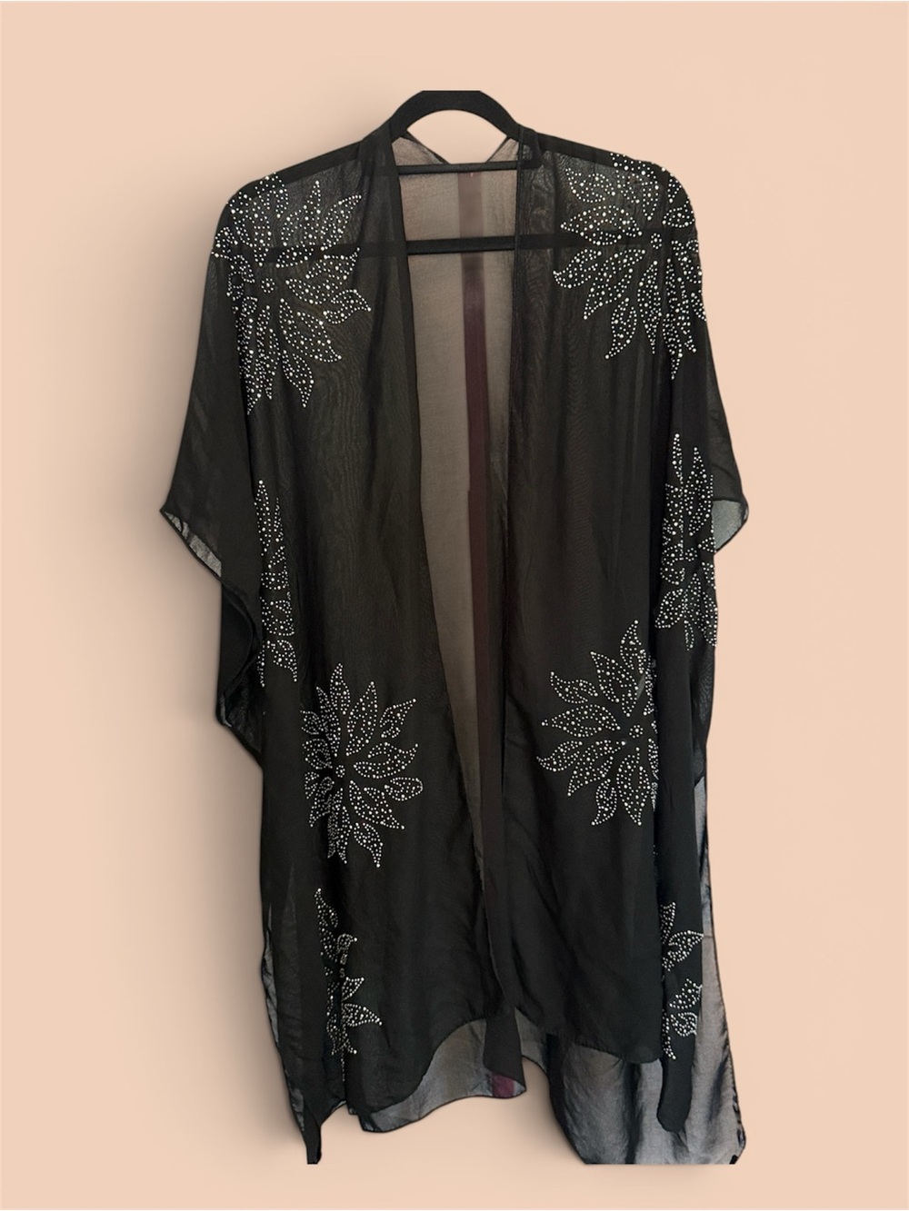Black Sheer Beaded Floral Kimono/coverup